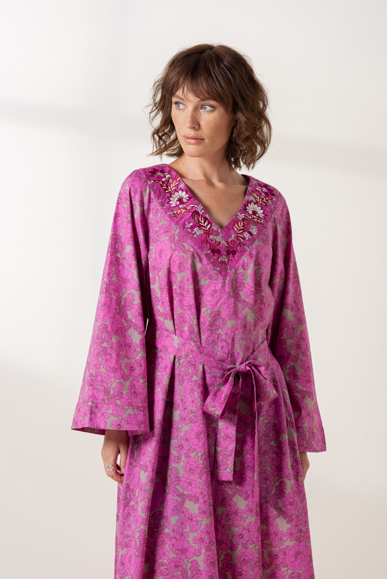 Fuchsia Floral Kaftan Day Dress with Embroidered Neckline