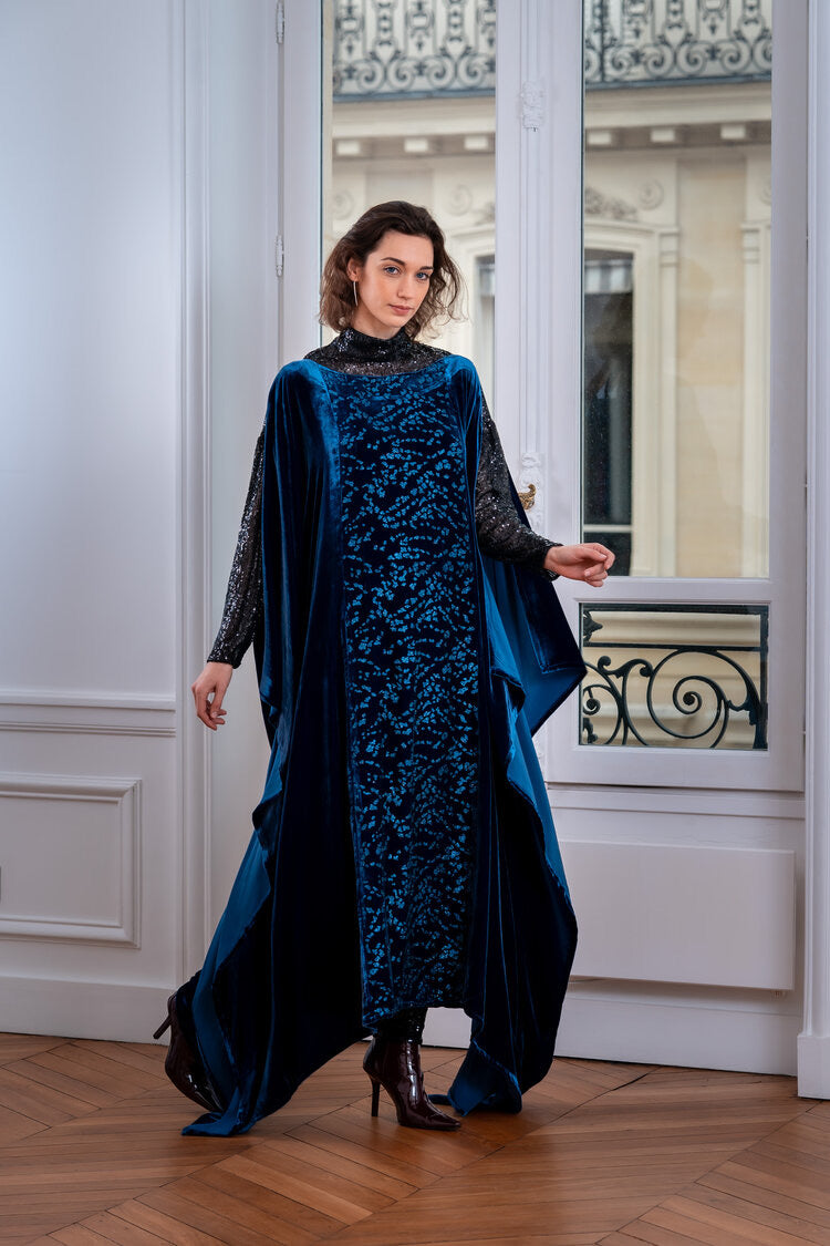 Royal Blue Shimmer Velvet Kaftan Evening Dress