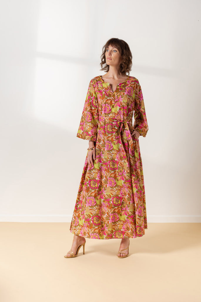 Brown Color day dress with embroidery in yellow color on the neckline