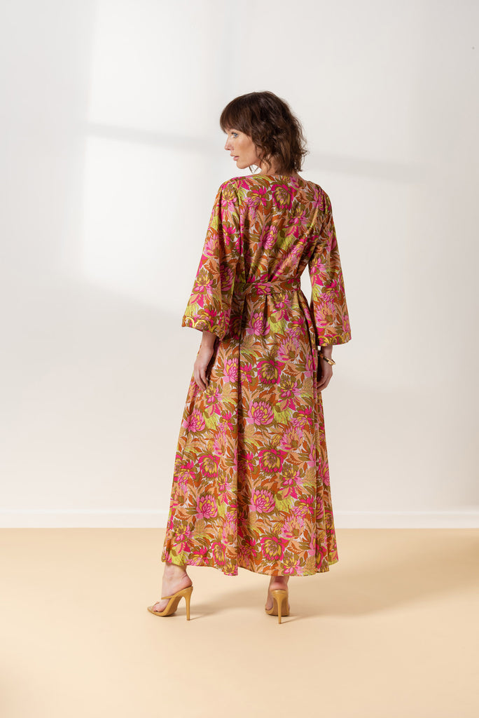 Brown Color Kaftan day dress with embroidery in yellow color on the neckline