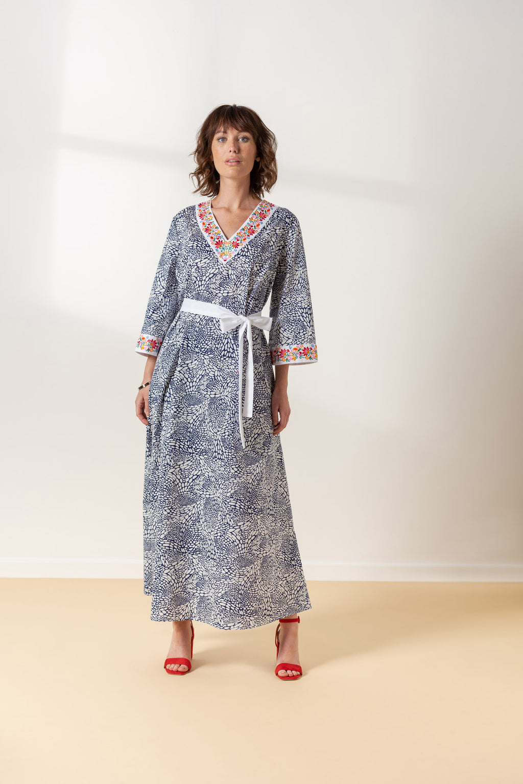 white and navy printed dress