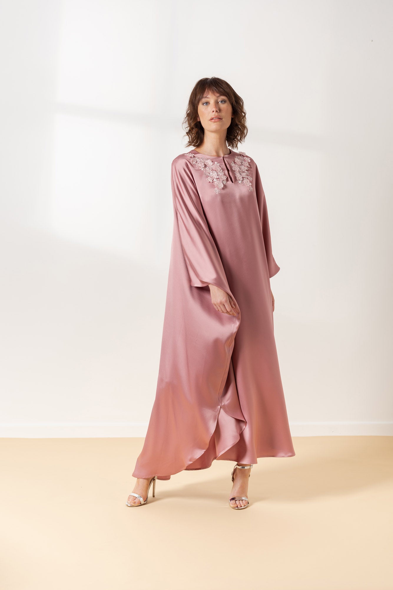 Powder Pink Evening Kaftan Dress With Beautiful Embroidery in White ELE London Powder Pink Evening Kaftan Dress With Beautiful Embroidery in White ELE London