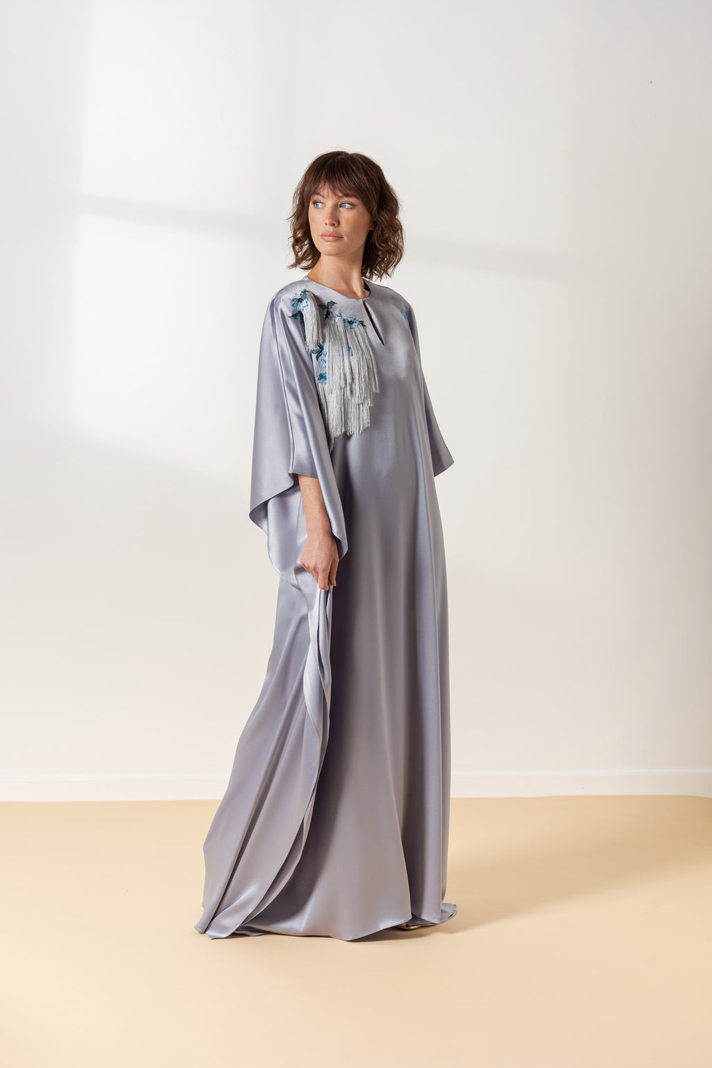 Silver Evening Dress with Embroidery Design and Tassle