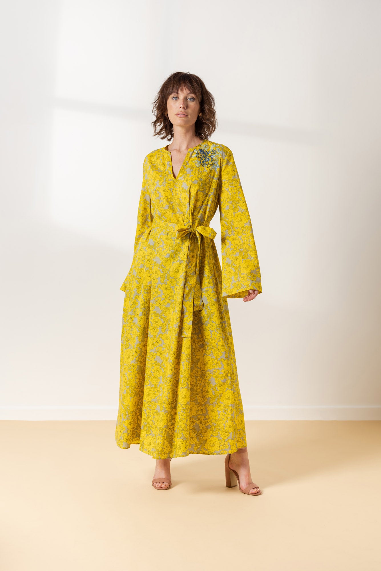 Yellow Day Dress with Embroidered Design
