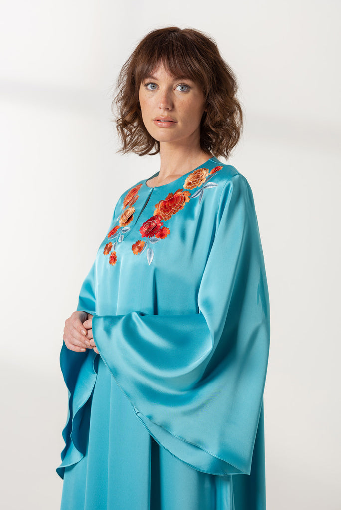 Turquoise Evening Dress with Embroidered Neckline