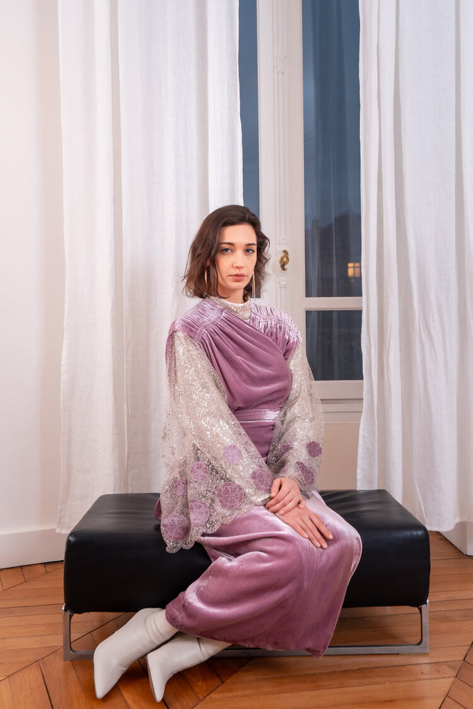 Lilac Shimmer Wrap Evening Dress