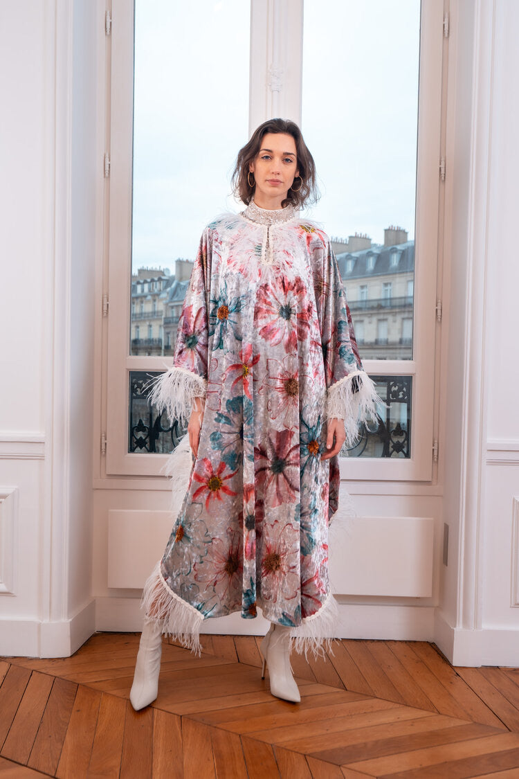 Multi Print Feather Detail Evening Kaftan Dress - Feathered Sleeves ELE London Multi Print Feather Detail Evening Kaftan Dress - Feathered Sleeves ELE London