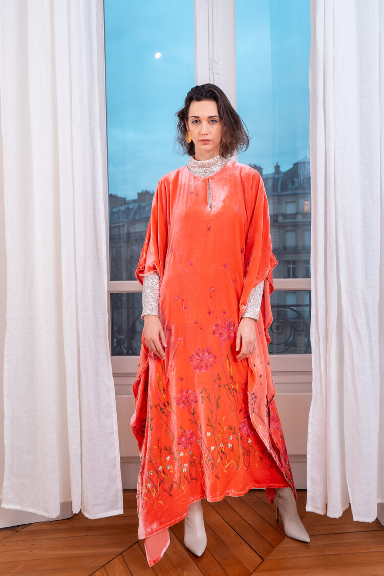 Hand Embroidered Floral Detail Baby Pink Kaftan Evening Dress ELE London Hand Embroidered Floral Detail Baby Pink Kaftan Evening Dress ELE London
