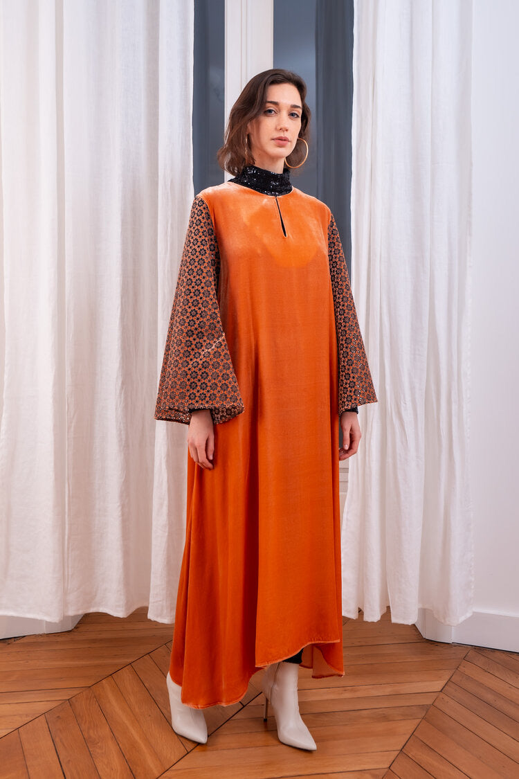 Dark Orange Kaftan Evening Dress with Bell Sleeves