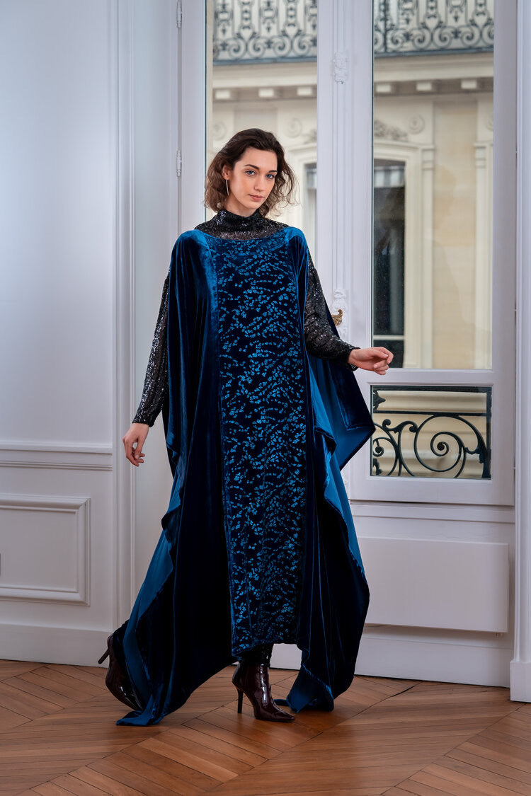 Royal Blue Shimmer Velvet Kaftan Evening Dress ELE London Royal Blue Shimmer Velvet Kaftan Evening Dress ELE London